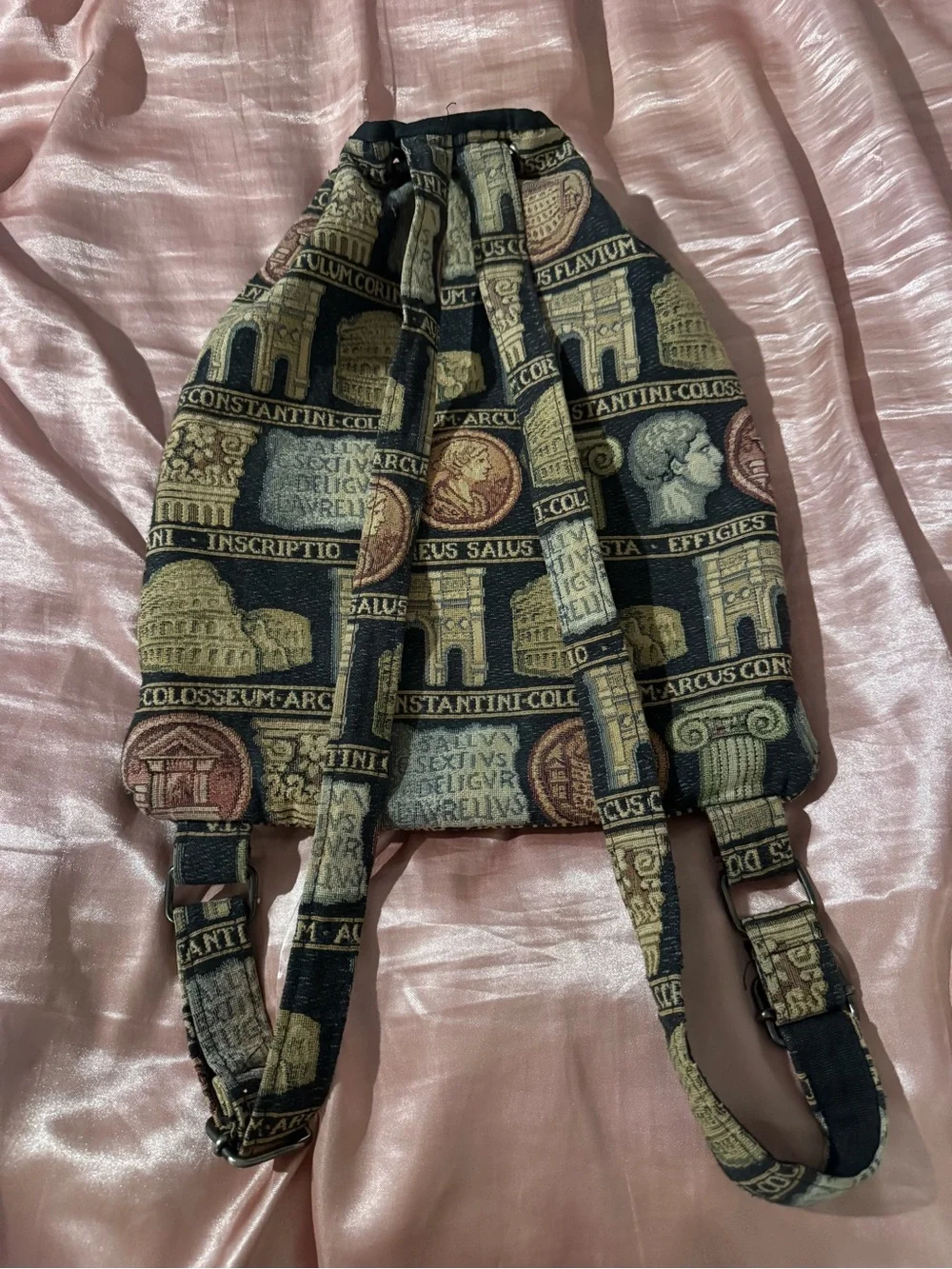 Tapestry Drawstring Backpack - Brown Vintage Roman Print